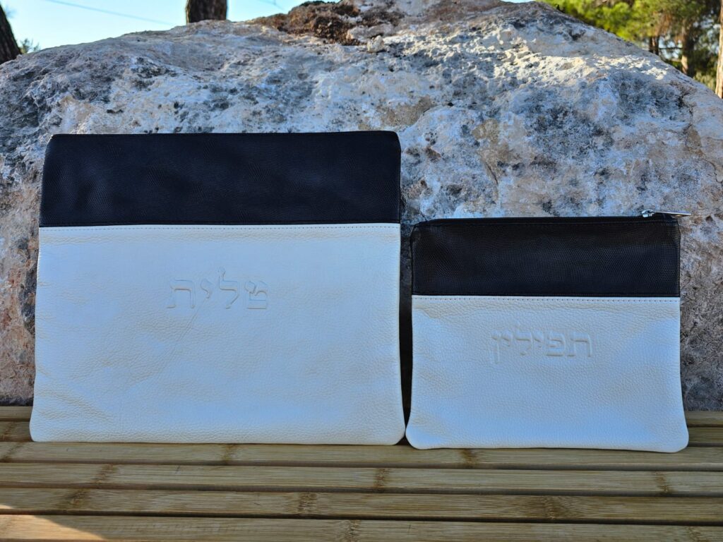 תיק לטלית ותפילין עור שחור לבן מבריק