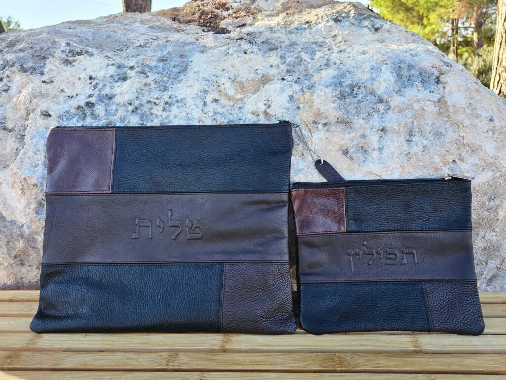 סט עור לטלית ותפילין שחור חום פאזל